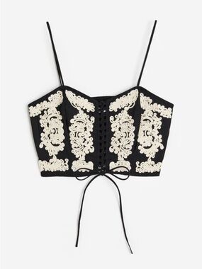 H&M Black Lace-Up Crop Top with Cream Appliqué